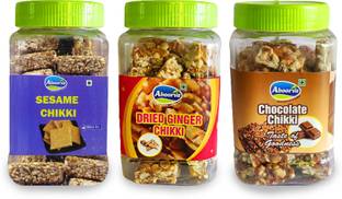 ABOORVA Chikki Combo (Coffee,Dried Ginger,White Sesame) Plastic Bottle