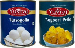 Yuvraj Food Product Rasogolla & Angoori Petha sweets combo 1 kg x 2 tin Can