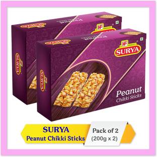 Surya 400gm Peanut Chikki Sticks| Phalli Chikki |Indian Sweet (Pack of 2; 200gm each) Box