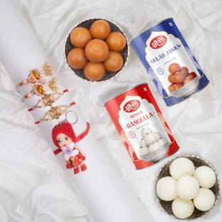 Bikaneri Shree Ganga Rakhi and Sweets Combo 2 Couple Set Rakhis 1 Kids Doll Rakhi Rasgulla,Gulabjamun Tin