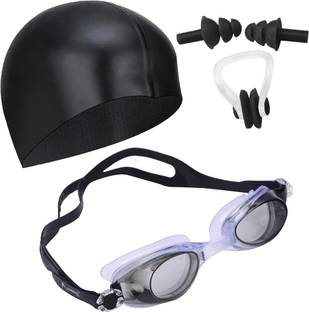 Lebami 100% Silicone Anti Fog Swimming Goggles, Cap, Earplug & Noseplug Set (Black) Swimming Kit