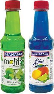 MANAMA Lime and Mint Mojito Fruit Flavoured Syrup and Blue Curacao Fruit Flavoured Syrup, 250ML Each, Pack of 2