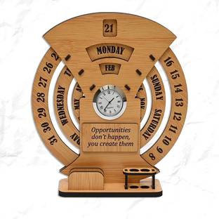 Gojeeva Analog BambooCalendar 2024 with Desk Organizer for Office / Home Clock