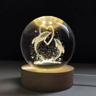 SHOPOGENIX Heart Dolphins Crystal Ball 2.4 inch 3D Galaxy Ball lamp USB LED Wooden Base Night Lamp