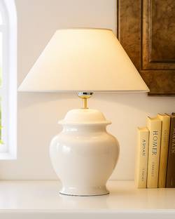 Homesake Ceramic Pot Shaped Base White Table Lamp with White Cone Shade, LED Bulb Table Lamp