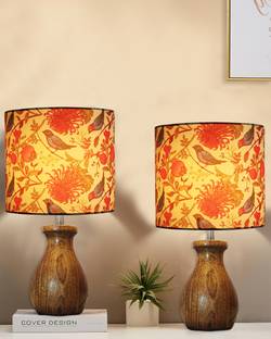 Homesake Dovel Pot Modern Table Lamp, Wooden Base Fabric shade for Home, Birds set of 2 Table Lamp