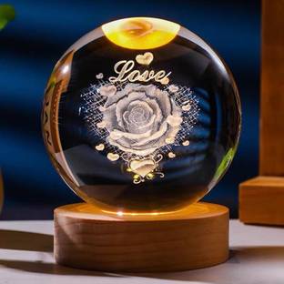 SHOPOGENIX Bloomy Rose Crystal Ball With Led Wooden Base 2.4" Crystal Ball Decorative Night Lamp