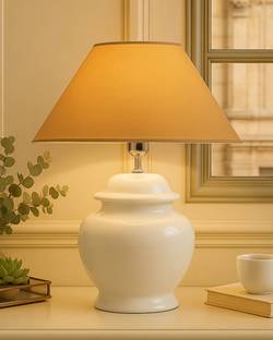 Homesake Ceramic Pot Shaped Base White Table Lamp with Golden Cone Shade, LED Bulb Table Lamp