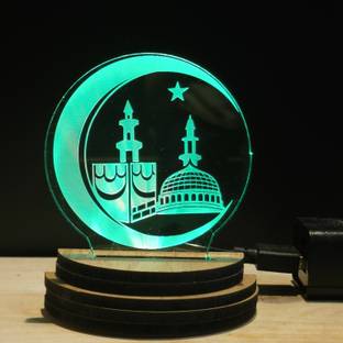 Gadgets World MAKKAH MADINA ROUND Acrylic USB 3D Illusion RGB 7 Colour Changing LED Wooden Usb Night Lamp