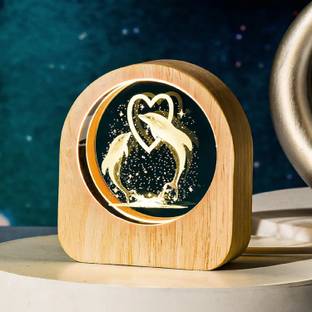SHOPOGENIX 3D Heart Dolphine Cube Crystal Ball With Wooden Frame USB Powered Decorative Showpiece  -  8.5 cm