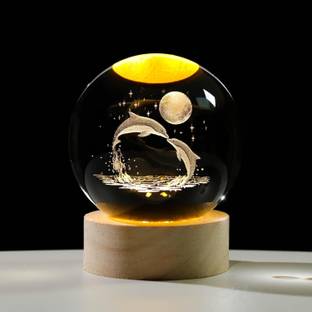 Dizaa 3D Dolphin with Moon Crystal Ball Night Light,Ball Night Lamp with Woodern Base Table Lamp