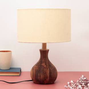 Unravel India "Matka Ribbed" sheesham wood table lamp with off-white shade Table Lamp