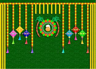 Epoojacart Pongal Kites on Green Grass Design Backdrop (8x5 ft) Pongal Tapestry