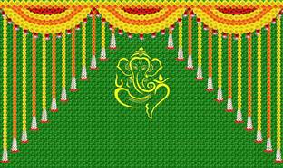 Epoojacart Ganesh on Coconut Leaf and Marigold Flowers Backdrop (Horizontal) Ganesh on Green Coconut Leaf and Marigold Flowers Design Backdrop (Horizontal) Tapestry