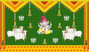 Epoojacart (Model - 29) Ganesh with Gomatha design on coconut leaf backdrop Ganesh with Gomatha design on coconut leaf backdrop Tapestry
