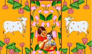 Epoojacart (Model - 41) Yashoda Krishna Backdrop with Side Gomatha Design (5x8 ft) Annaprasana Tapestry