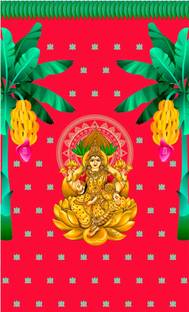 Epoojacart (Model - 25) Varalakshmi Devi Backdrop with side Banana Trees on Red Background Decorative Tapestry