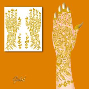 komstec Full Hand Flowers & Leaf Golden Mehndi Design For All Festivals