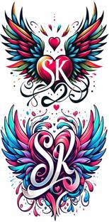 Vanvati SK Letter With Multicolor wing And Heart Tattoo for Male And Female Tattoo