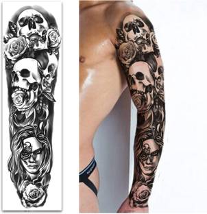 TATMODS Skull Love Girl Rose Black Temporary Tattoos Sleeve For Kid, Full Arm Large