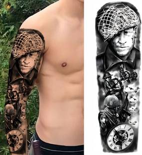 stylizeink Faug Commando Clock Love Temporary Tattoos Full Arm Large Sleeve Tattoos