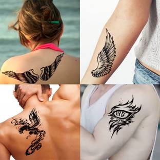 voorkoms Angel Wings, Eagle Wings Bird Black And White Design, Phoenix Wings , Tribal Effect Eye Wings tattoo men&women Waterproof temporary tattoo for all boys and girls pack of 4