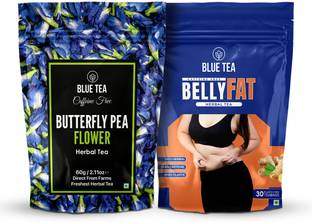 BLUE TEA Combo - Butterfly Pea - 60g & Belly Fat - 30 Tea Bags Ginger Herbal Tea Bags Pouch