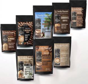 India Flavour Instant Coffee Combo Pack – 8 Flavours for Hot & Cold Coffee, 80g Chocolate, Vanilla, Coconut, Almond, Unflavoured Tea Pouch
