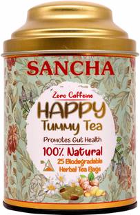 SANCHA Happy Tummy Tea| 25 Pyramid Tea Bags| Digestive Tea| Caffeine Free Ginger Herbal Tea Bags Tin
