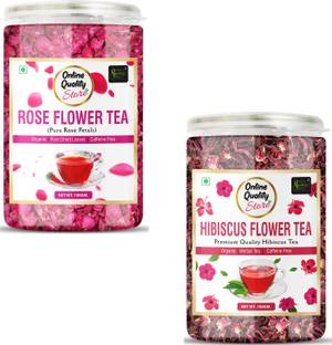 Online Quality Store Organic Hibiscus Flower Tea, Rose Flower Tea Combo - 100g Each Pack | Hibiscus, Rose Herbal Tea Plastic Bottle