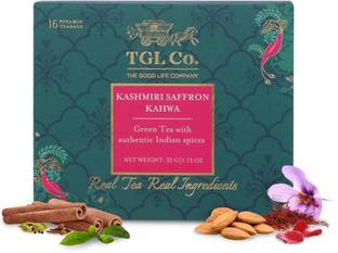 TGL Co. Kashmiri Kahwa 16 | Enhance Digestion Cardamom, Cloves, Rose, Almond, Saffron, Cinnamon Green Tea Box