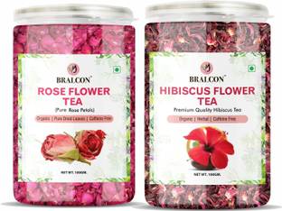 BRALCON Organic Hibiscus Flower Tea, Rose Flower Tea Combo Pack 100g Each | 100% Natural Rose, Hibiscus Herbal Tea Mason Jar