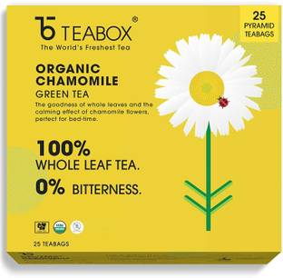 Teabox Chamomile Green Tea For Stress Relief & Good Sleep, Made with 100% Whole Leaf & Natural Chamomile Flowers, 27 Pyramid Tea Bags (25 Tea Bags + 2 Free Samples) Chamomile Green Tea Bags Box