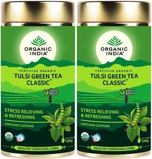 Organic India Tulsi Green Tea Classic (2 Pack, 100g Each) Tulsi Green Tea Tin