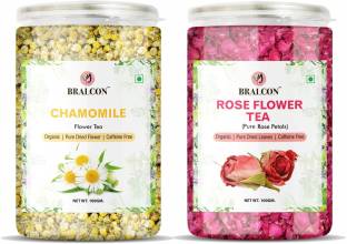 BRALCON Organic Rose Flower Tea and Chamomile Flower Tea Combo Pack 100g Each| Chamomile, Rose Herbal Tea Plastic Bottle