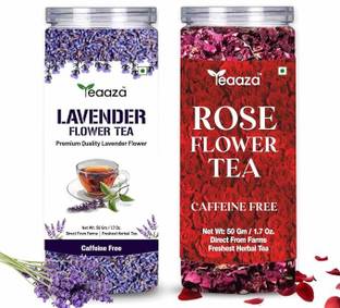 Teaaza COMBO – Lavender Flower Tea - 50g & Rose Flower Tea - 50g | SUPER ANTI-OXIDANT | Rose, Lavender Herbal Tea Box