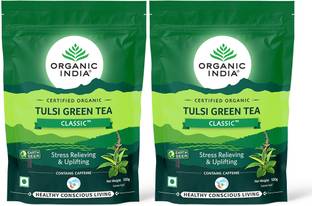ORGANIC INDIA Pack of 2 Tulsi Green Tea Classic 100 gm zipper Ginger Green Tea Pouch