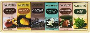 Golden Tips A Unique Ensemble of Six Distinct Traditional Black Tea Blends for Every Palate Peach, Mango, Chocolate, Vanilla, Strawberry, Mint Black Tea Box