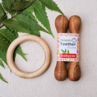BABYCOV Neem Wood Teethers for Baby Set of 2 | for 3 Months Baby. (Teether Stick Ring) Teether