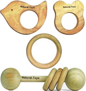 Natural.Toys Neem Wooden Teether (Dumbbell Rattler+Mouse Teether+Bird Teether+75mm Ring) Teether