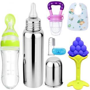 muphin trading company BABY COMBO SET OF-6[TEETHER,FEEDER,STEEL BOTTLE,BIB,FINGER BRUSH] Teether and Feeder