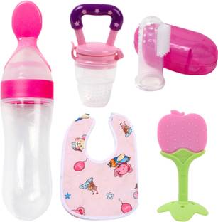 THEELEVEN Baby Spoon feeder With Nibbler, fruit teether, Fingerbrush & bib/Appron for care Teether and Feeder