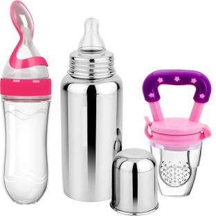 THE LITTLE BUNNY HOP IN STYLE Pack Of 3 Baby 250ml Stainless Steel Bottle | Spoon Feeder | Fruit Feeder