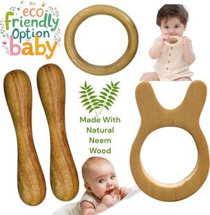 Shreeja Shilpcraft Neem Wood Teethers for Baby Set of 4 | for 3 Months Baby. (Cat Sick Ring) Teether