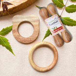 BABYCOV Neem Wood Teethers for Baby set of 4 | for 3 Months Baby. (Cat Sick Ring) Teether