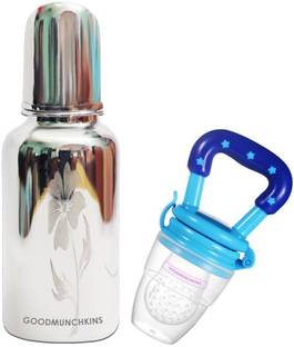 Goodmunchkins Stainless Steel Feeding Bottle 220ml -Silicon Fruit Feeder Teether and Feeder