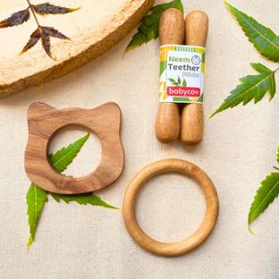 BABYCOV Neem Wood Teethers for Baby Set of 4 | for 3 Months Baby. (Cat Sick Ring) Teether