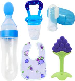 थीलेवन Baby Fruit teether with spoon feeder, Nibbler, Fingerbrush & bib/Appron for care टीथर और फीडर
