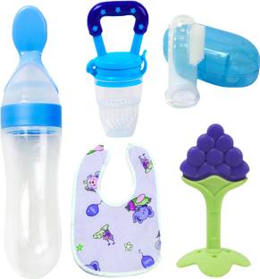THEELEVEN Baby Fruit teether with spoon feeder, Nibbler, Fingerbrush & bib/Appron for care Teether and Feeder