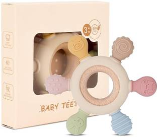 ARDAKI Wooden Teether for Babies Silicone Rudder Teething Toy with Soothe Wooden Ring Soother